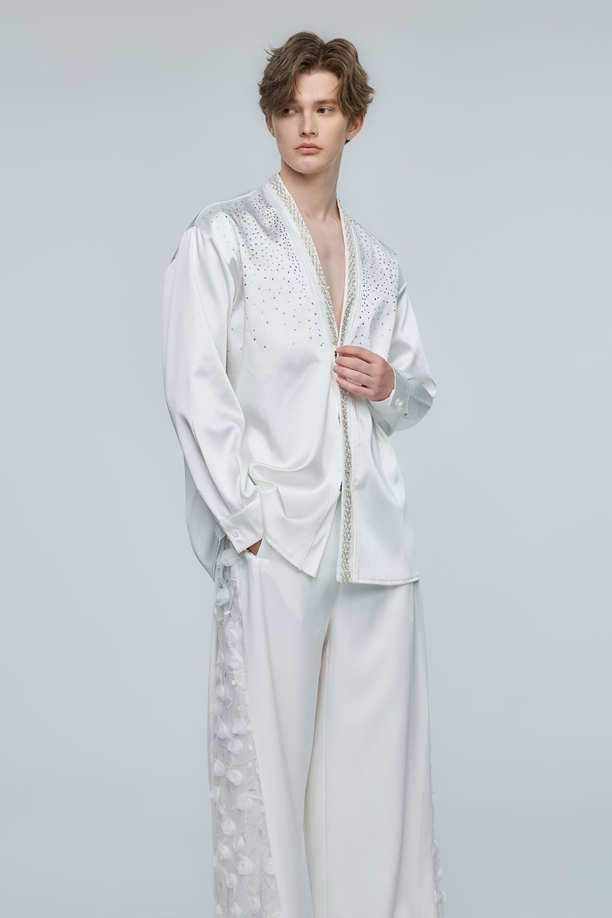 Kinetic Bloom Rhinestone V Neck Long Sleeve Shirt White