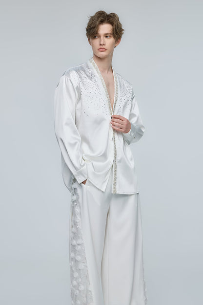 Kinetic Bloom Rhinestone V Neck Long Sleeve Shirt White