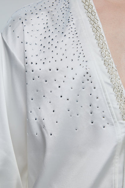 Kinetic Bloom Rhinestone V Neck Long Sleeve Shirt White