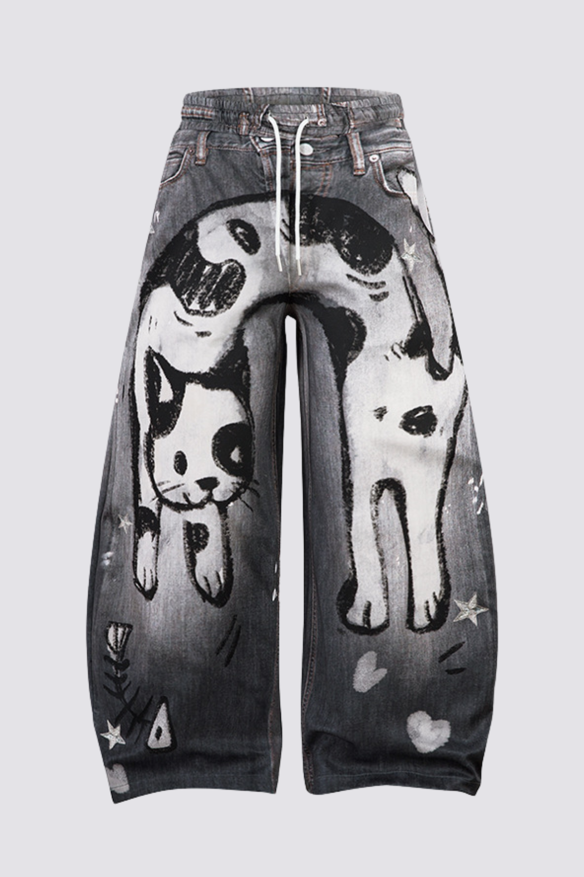 Layer Wave Cat Print Straight Jeans