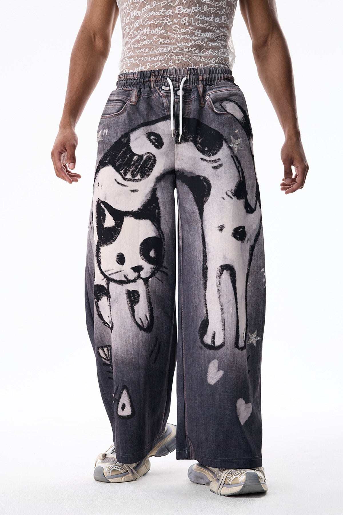 Layer Wave Cat Print Straight Jeans