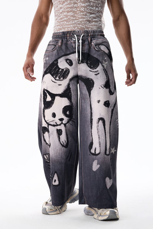 Layer Wave Cat Print Straight Jeans