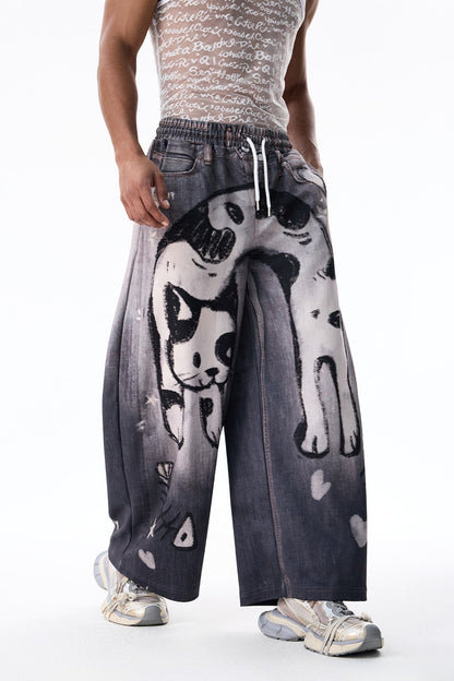 Layer Wave Cat Print Straight Jeans