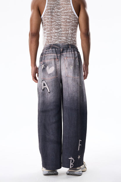 Layer Wave Cat Print Straight Jeans