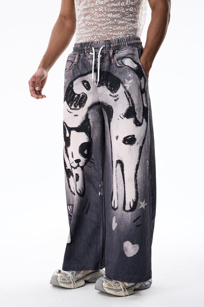 Layer Wave Cat Print Straight Jeans