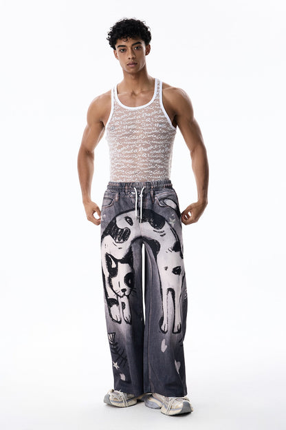 Layer Wave Cat Print Straight Jeans