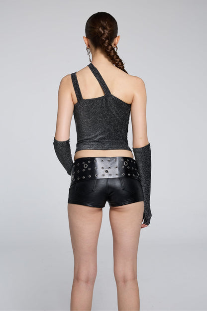 Light Asymmetry Lace Up Top With Sleeves