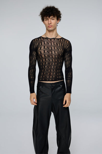 Light Diffusion Fishnet Long Sleeve Top Black