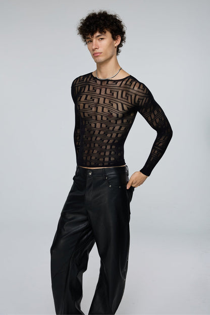 Light Diffusion Fishnet Long Sleeve Top Black