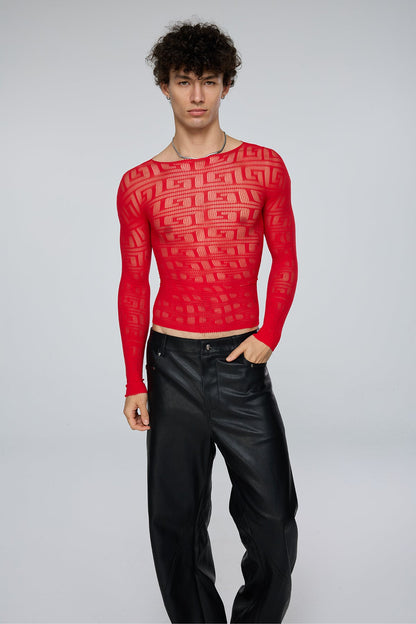 Light Diffusion Fishnet Long Sleeve Top Red