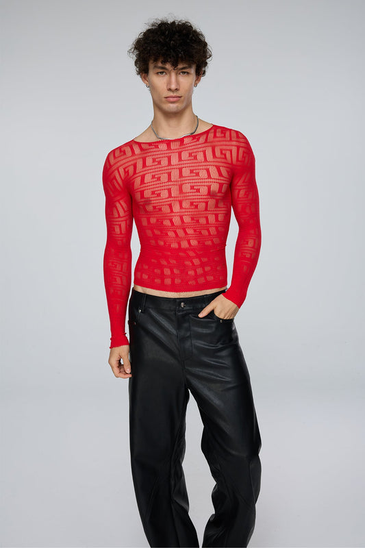 Light Diffusion Fishnet Long Sleeve Top Red