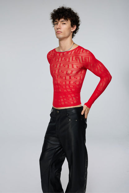 Light Diffusion Fishnet Long Sleeve Top Red