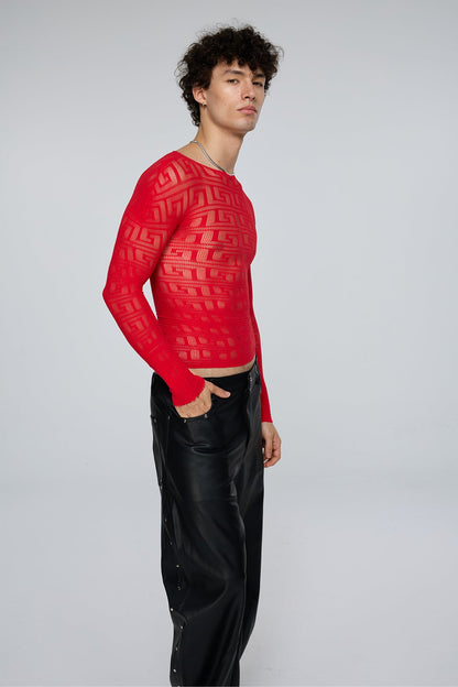 Light Diffusion Fishnet Long Sleeve Top Red