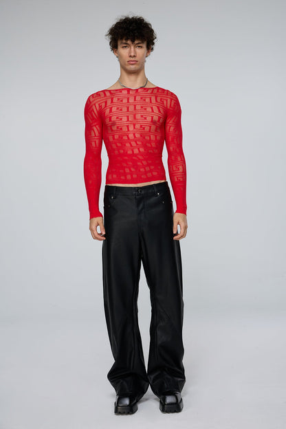Light Diffusion Fishnet Long Sleeve Top Red