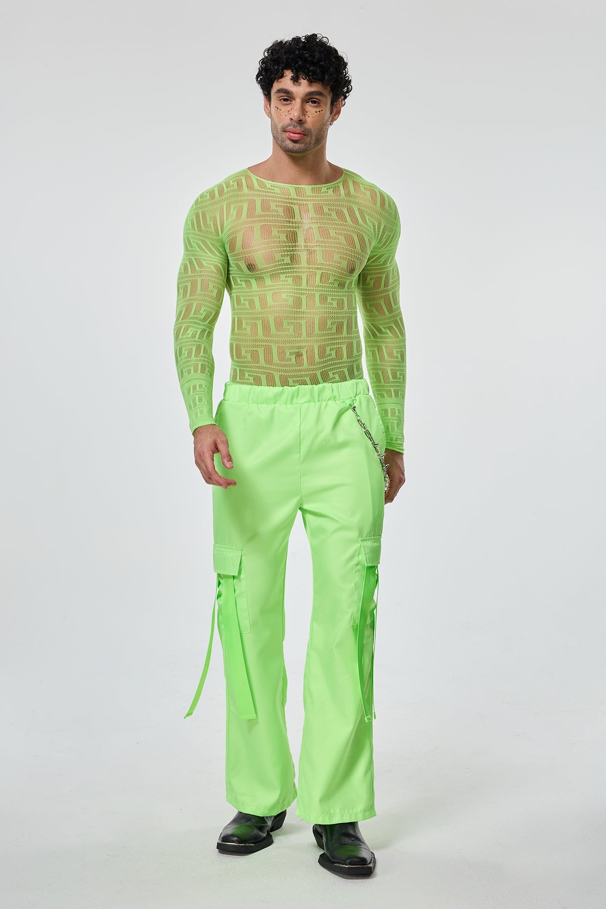 Light Glow Mesh Long Sleeve Pants Set Green