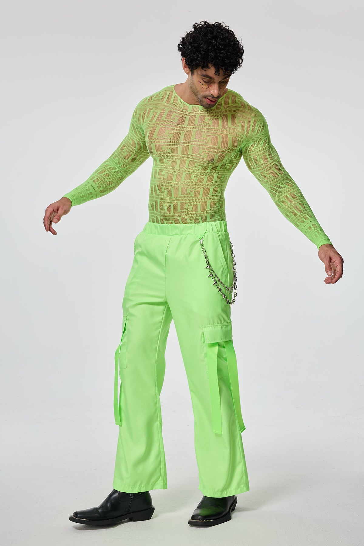 Light Glow Mesh Long Sleeve Pants Set Green
