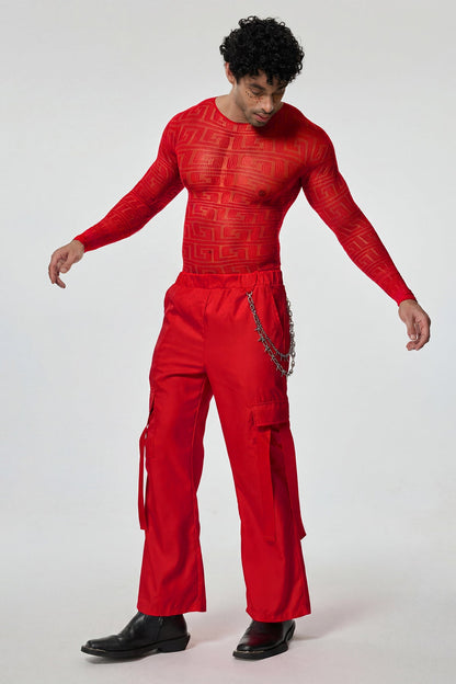 Light Glow Mesh Long Sleeve Pants Set Red
