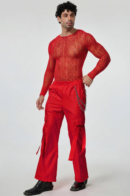 Light Glow Mesh Long Sleeve Pants Set Red