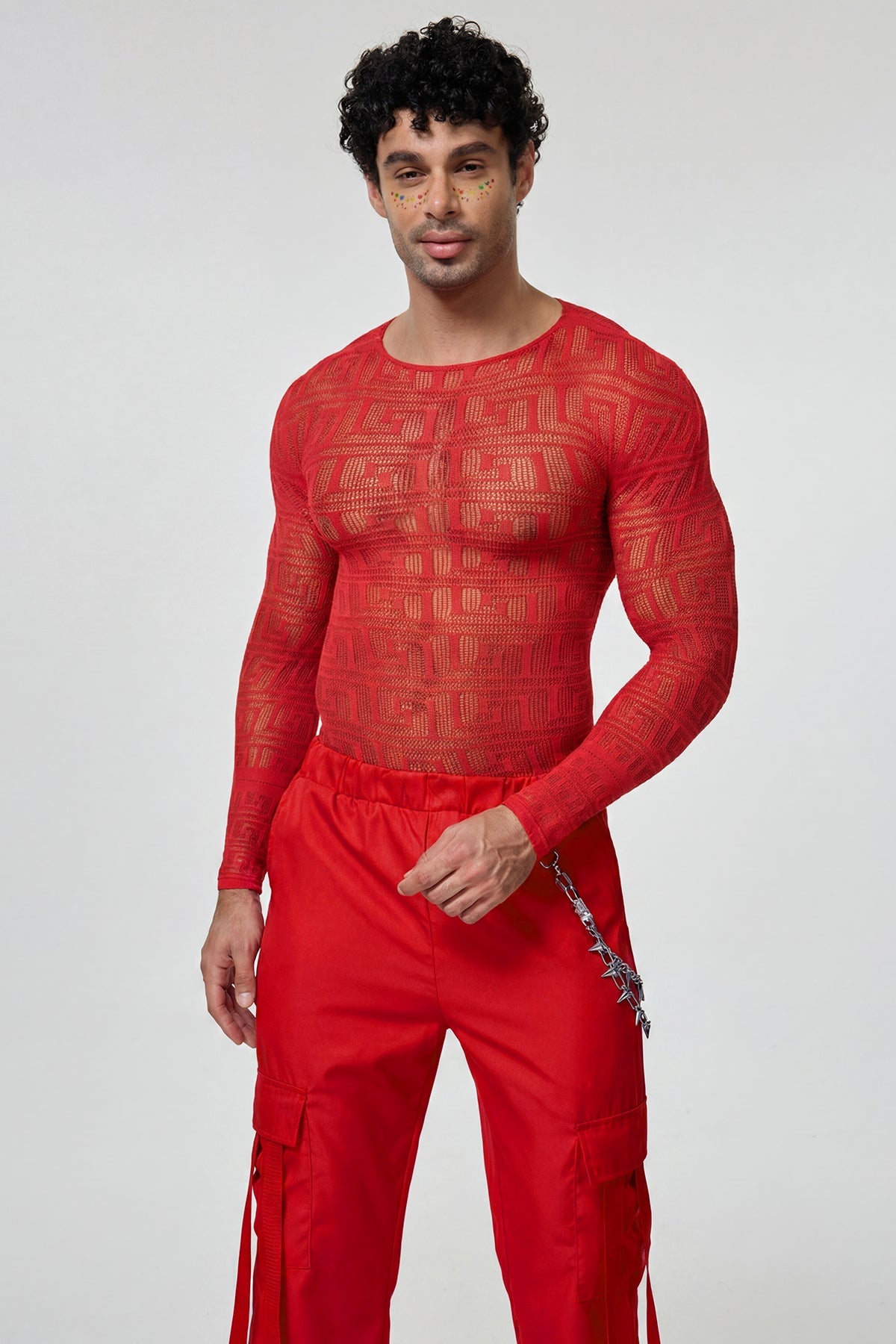 Light Glow Mesh Long Sleeve Pants Set Red
