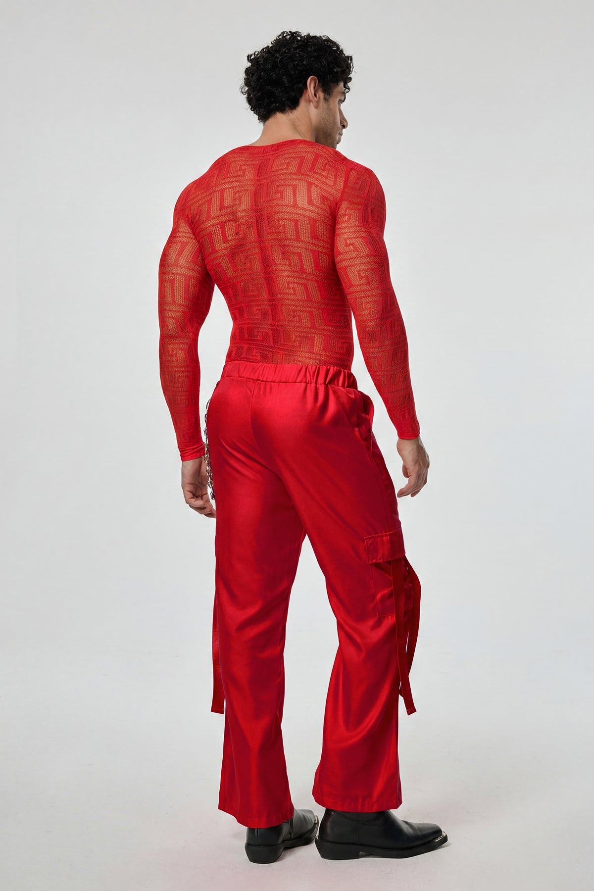 Light Glow Mesh Long Sleeve Pants Set Red