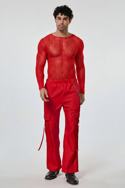 Light Glow Mesh Long Sleeve Pants Set Red
