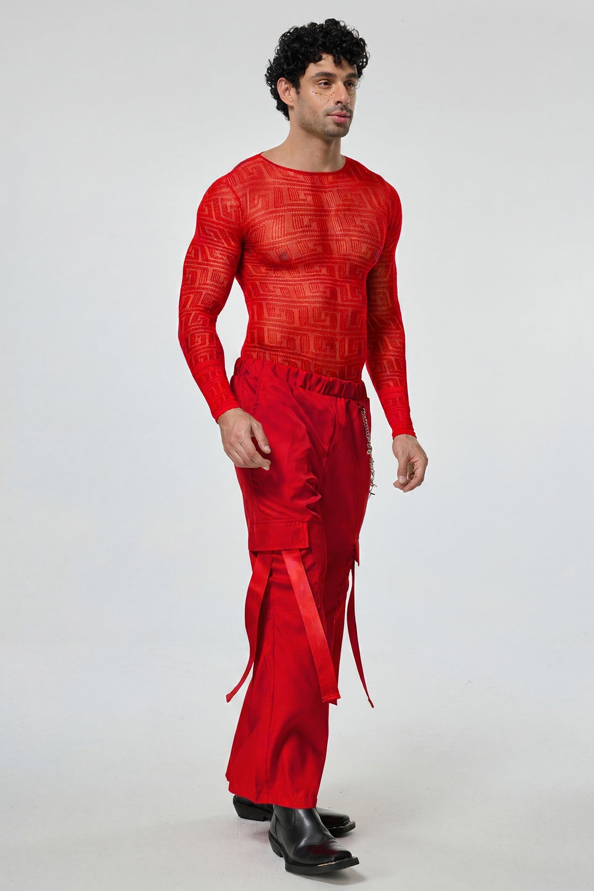 Light Glow Mesh Long Sleeve Pants Set Red