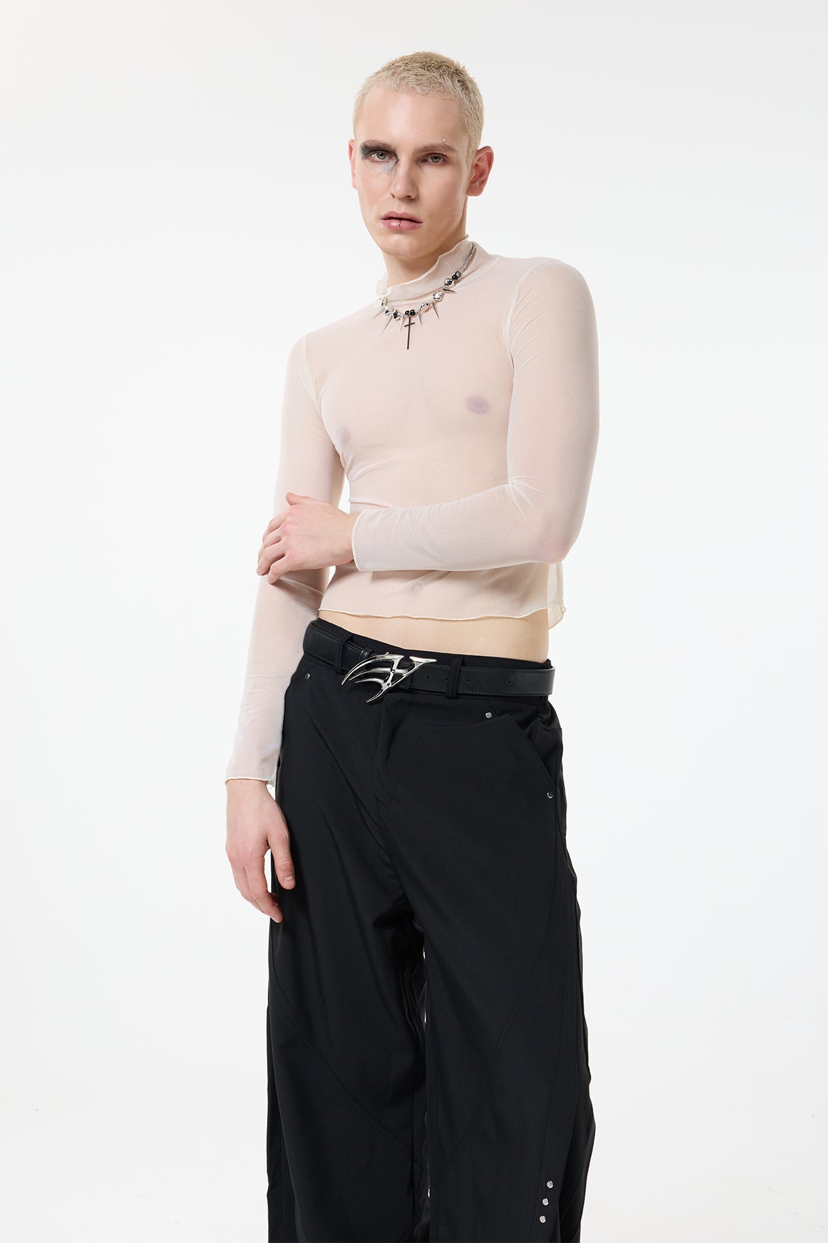 Light Trace Long Sleeve Mesh Top Beige