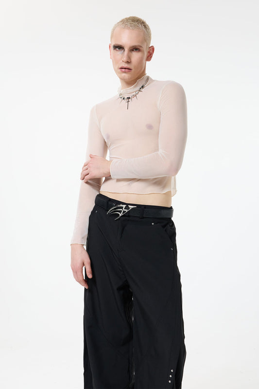 Light Trace Long Sleeve Mesh Top Beige