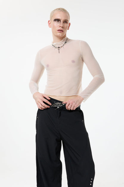 Light Trace Long Sleeve Mesh Top Beige