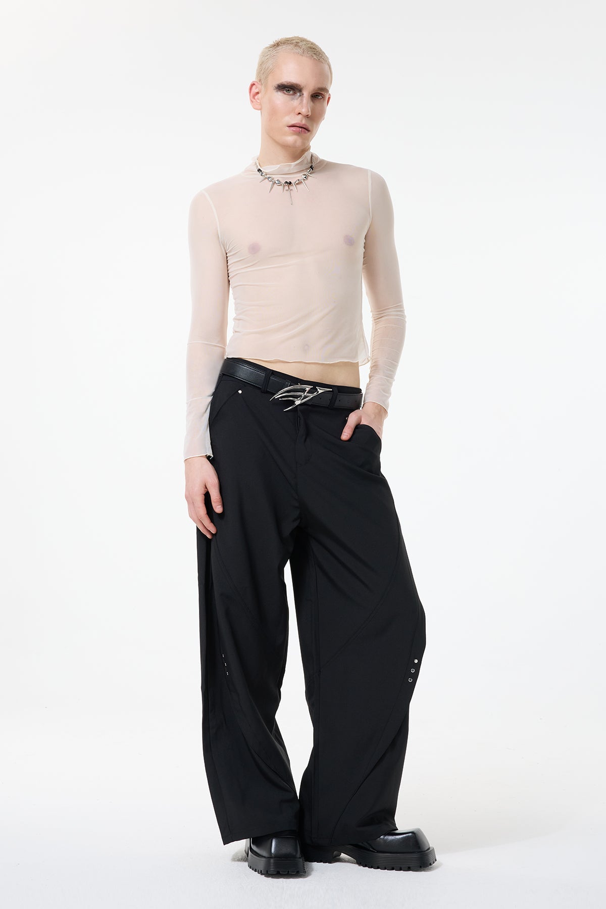 Light Trace Long Sleeve Mesh Top Beige