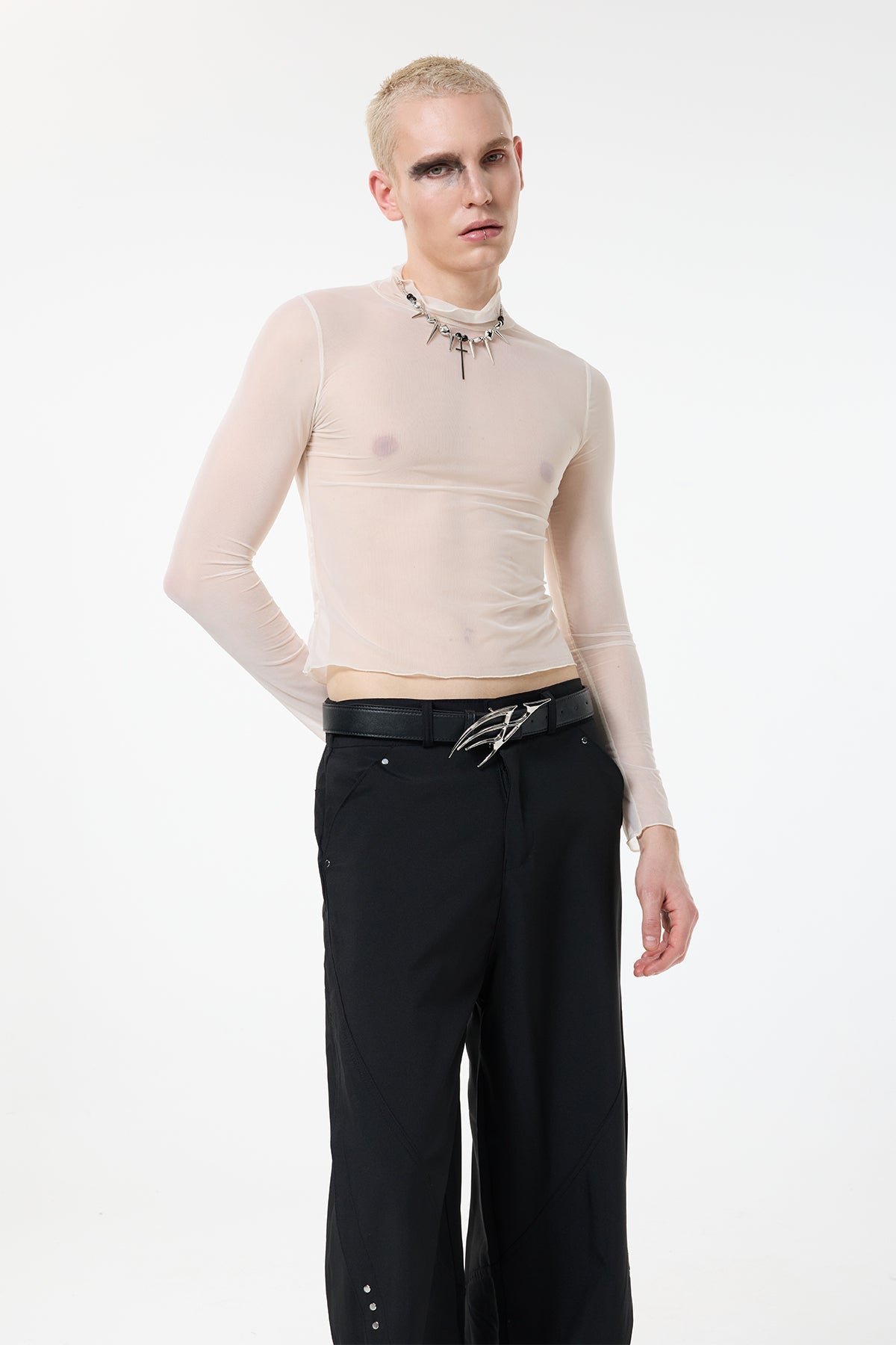 Light Trace Long Sleeve Mesh Top Beige