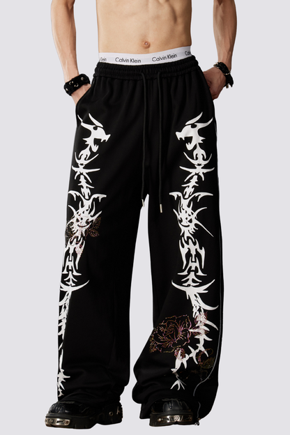Light Transit Thorn Print Rhinestone Straight Pants Black