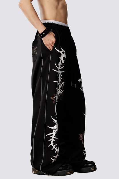Light Transit Thorn Print Rhinestone Straight Pants Black