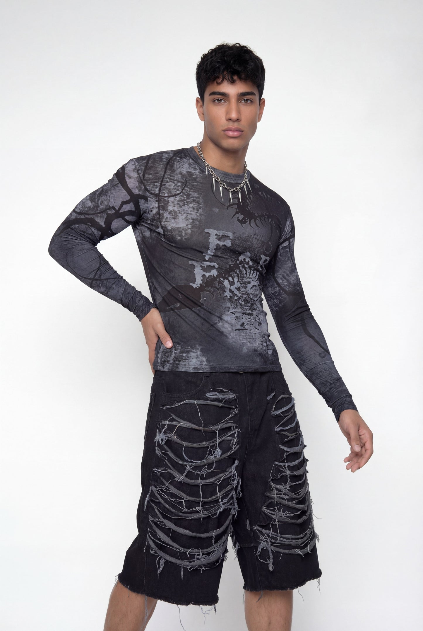 Light Contrast Print Long Sleeve Top Black