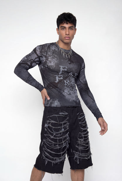 Light Contrast Print Long Sleeve Top Black