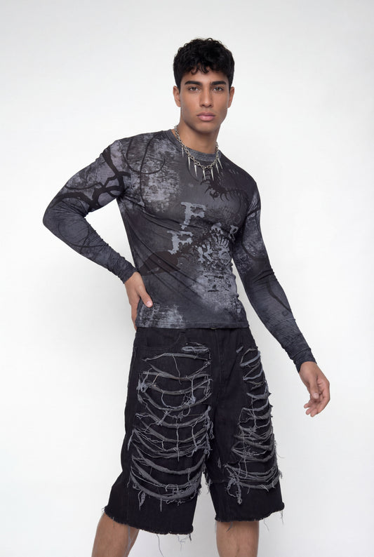 Light Contrast Print Long Sleeve Top Black