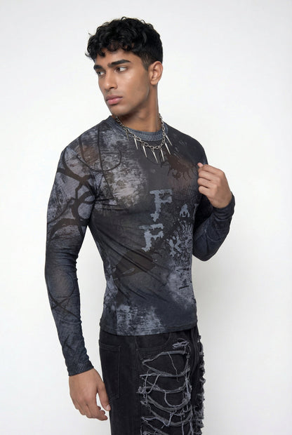Light Contrast Print Long Sleeve Top Black