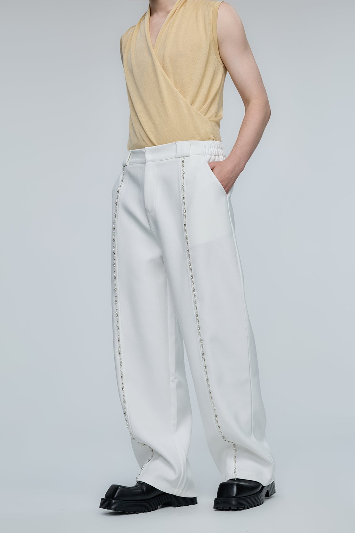 Linear Panel Rhinestone Straight Pants