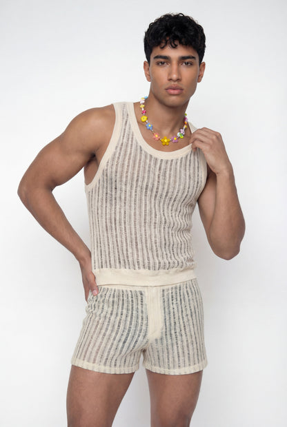 Loose Weaving Knit Sleeveless Shorts Set