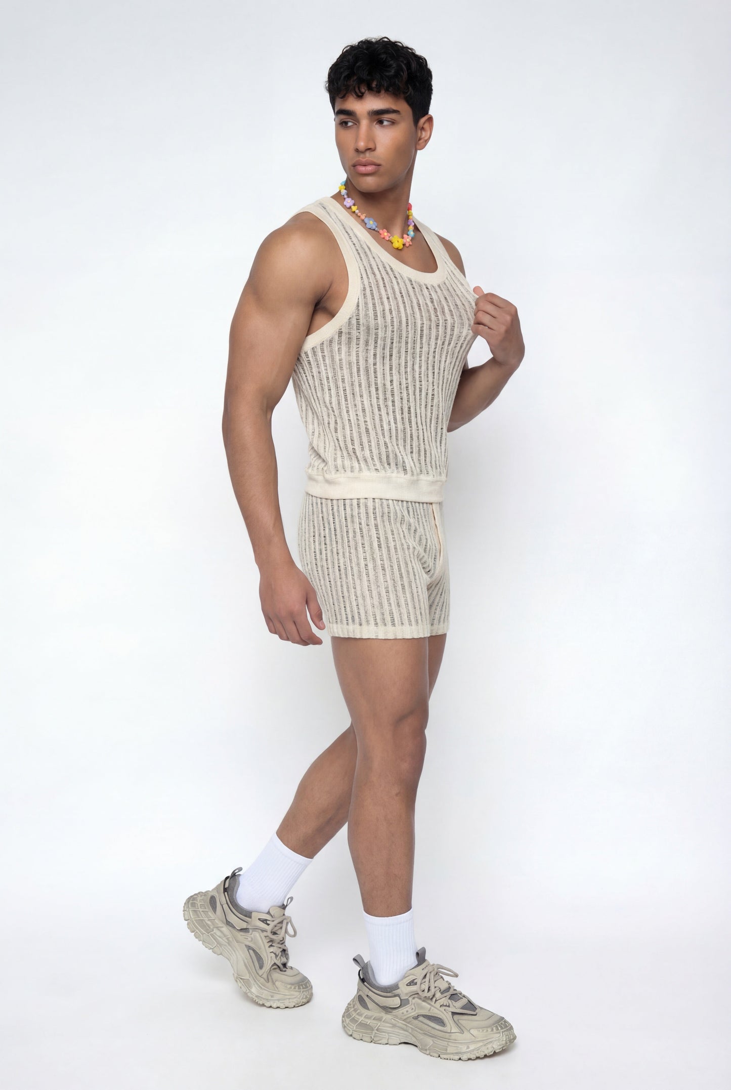Loose Weaving Knit Sleeveless Shorts Set