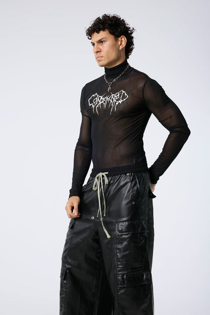 Low Grid Print High Neck Top Black