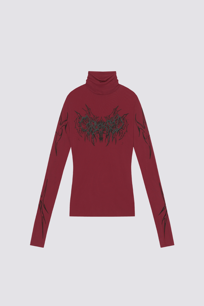 Low Grid Print High Neck Top Red