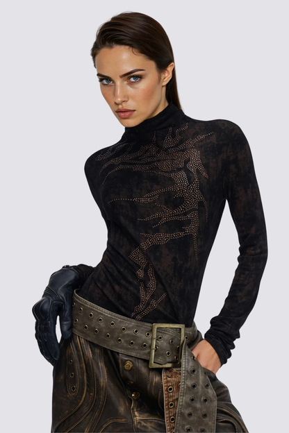 Luxe Ray High Neck Rhinestone Top Black