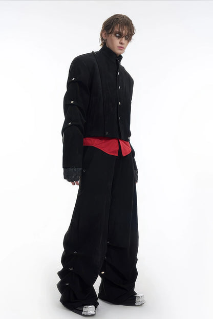 Men's Black Suede Short Jacket - Spring Crinkle Sleeve Coat