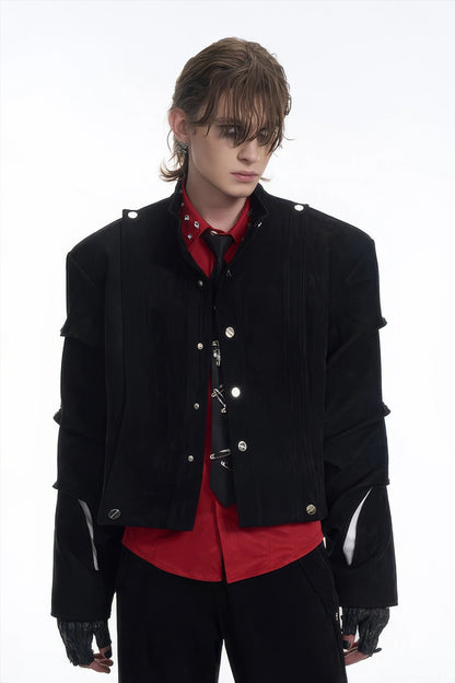 Men's Black Suede Short Jacket - Spring Crinkle Sleeve Coat