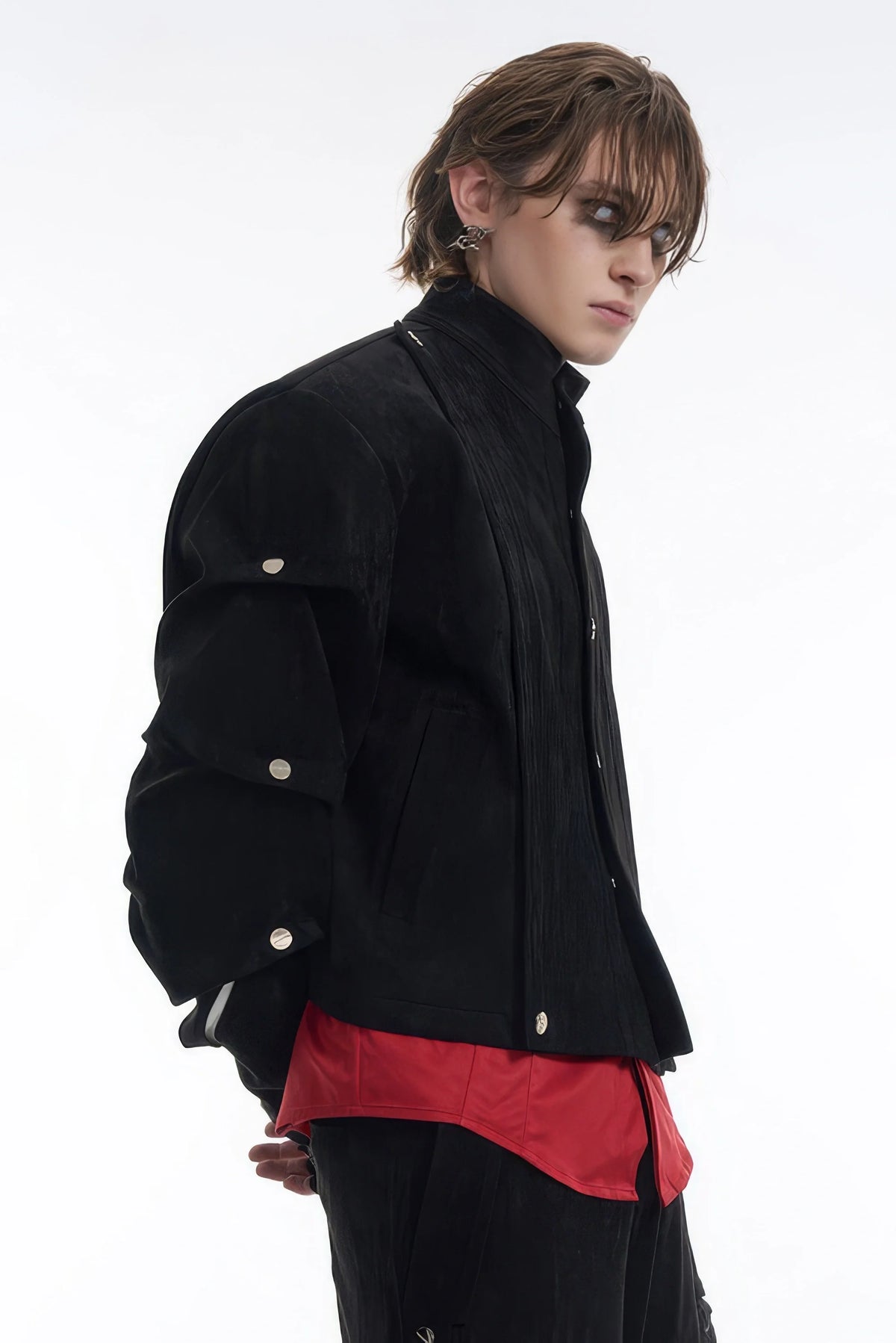 Men's Black Suede Short Jacket - Spring Crinkle Sleeve Coat