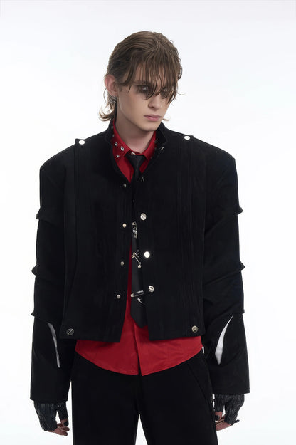 Men's Black Suede Short Jacket - Spring Crinkle Sleeve Coat