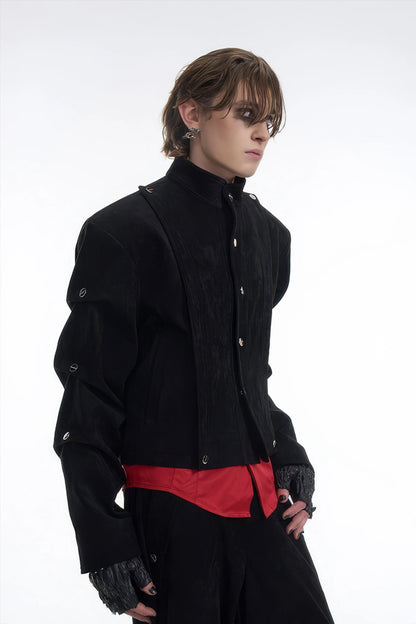 Men's Black Suede Short Jacket - Spring Crinkle Sleeve Coat