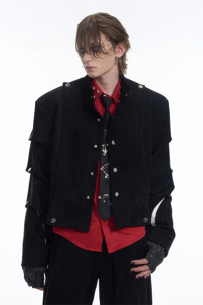 Men's Black Suede Short Jacket - Spring Crinkle Sleeve Coat