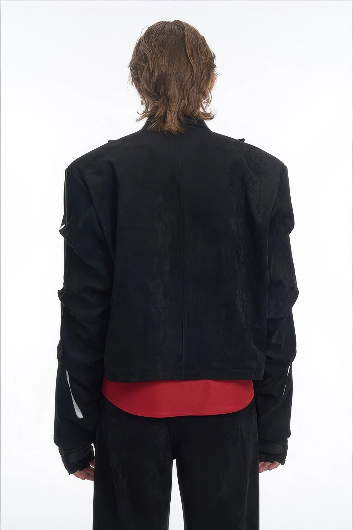 Men's Black Suede Short Jacket - Spring Crinkle Sleeve Coat